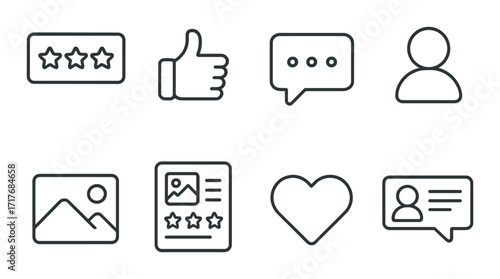 Monochrome social media icons set with rating and communication symbols