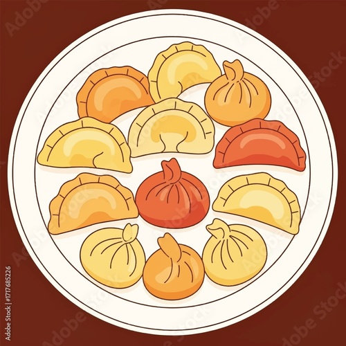Plate of various dumplings, including orange, yellow, and red varieties, arranged in a circular pattern.