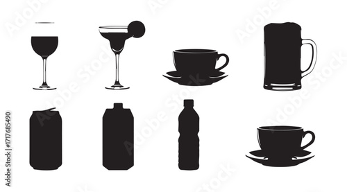 Collection of various drinkware and beverage containers in a striking silhouette