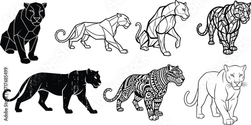 Stylized panther illustrations — seven artistic interpretations including geometric, mosaic, tribal, silhouette, grunge, and minimalist line styles
