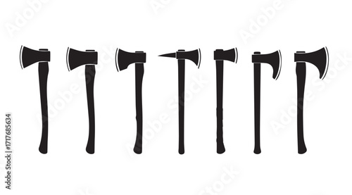 Collection of various axe heads and handles in a striking silhouette