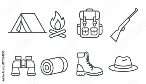 Camping gear icons: tent, fire, backpack, rifle, binoculars, sleeping bag, boot, hat