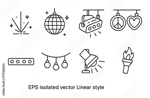 Linear style icon set featuring disco ball, stage lights, and peace sign