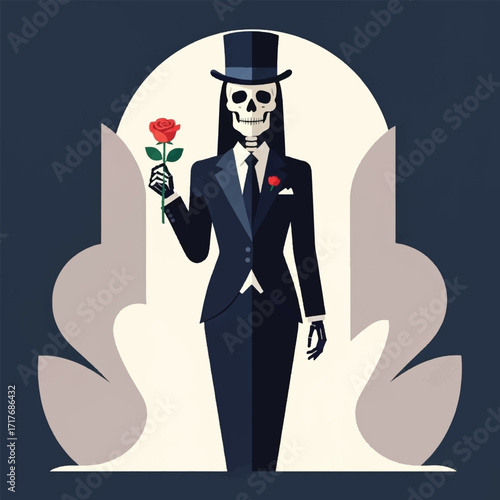 Skeletal figure in a tuxedo holds a rose.