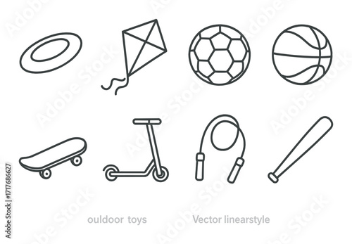 Line art of outdoor toys: frisbee, kite, soccer ball, basketball, skateboard, scooter, jump rope, baseball bat
