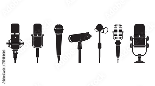 Collection of vintage and modern microphones in silhouette style