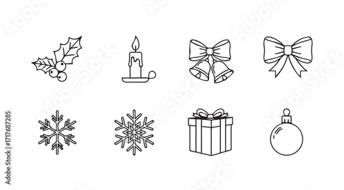 Collection of hand drawn christmas icons in a simple silhouette style