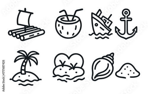 Nautical icons set: coconut, anchor, palm, raft, ship, island, seashell, sand
