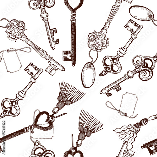 Seamless vector pattern of vintage keys with labels, decorative tassels. Everything is hand-drawn in ink. Illustration suitable for printing on paper, packaging design. Vector illustration.