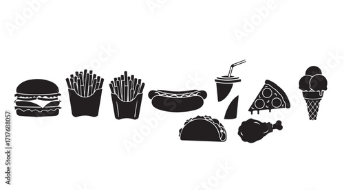 Collection of fast food items in a distinctive black silhouette style