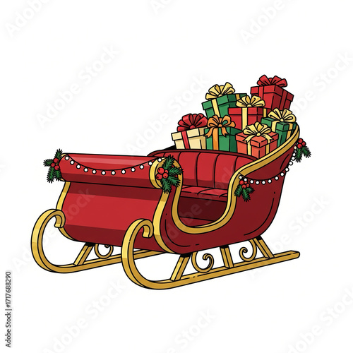 Cartoon Santa Claus Riding Sleigh with Reindeer and Christmas Gifts
