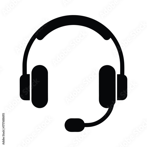 Black Silhouette of Headphones with Microphone on White Background headset audio