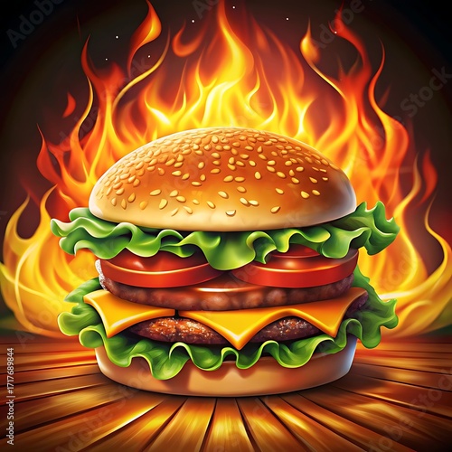 Spicy Flaming Burger Illustration
