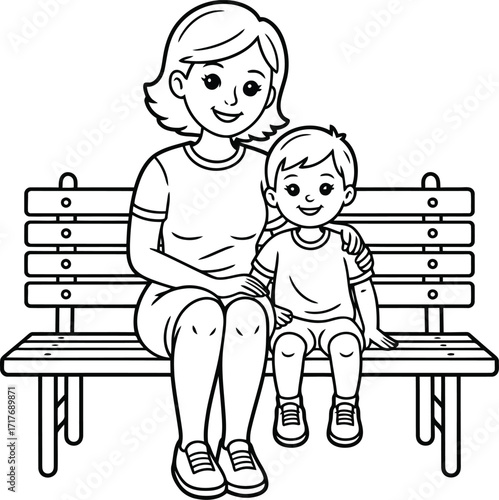 Happy mother and child sitting together on a park bench enjoying a sunny day outdoors