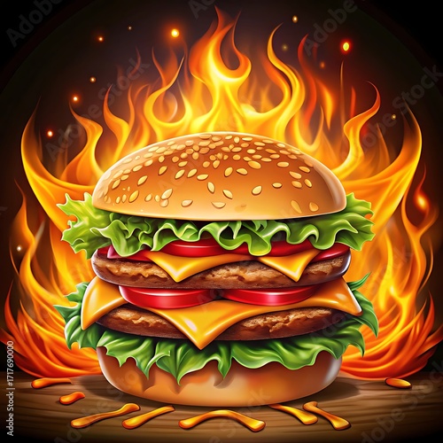 Spicy Flaming Burger Illustration