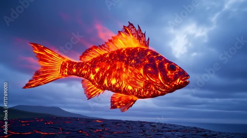 Fiery Fish over Volcanic Landscape