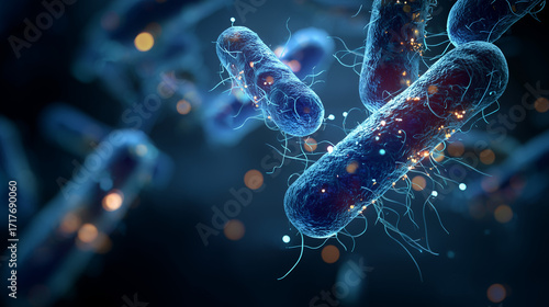 Glowing helicobacter pylori bacteria cells on dark blue background. Gastritis disease.