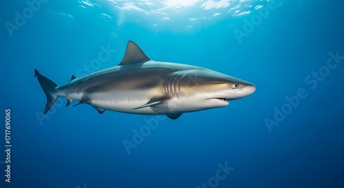 Wallpaper Mural A gray reef shark glides gracefully through the deep blue ocean, showcasing its powerful form and sharp features. Torontodigital.ca