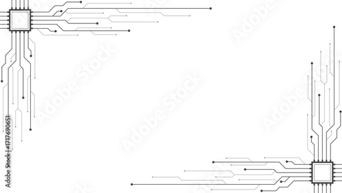 Microchipset and circuit board isolate on white background. AI, Artificial Intelligence. Futuristic motherboard design with data connections, processor, HTML code. Vector illustration.