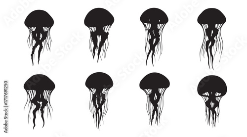 Eight black jellyfish silhouettes with flowing tentacles against a white background