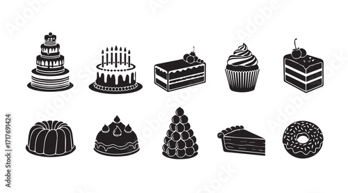 Collection of various dessert silhouettes including cakes cupcakes and donuts silhouette