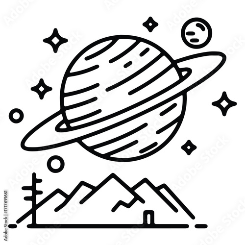 Planet with rings above mountain range in a minimalist drawing style