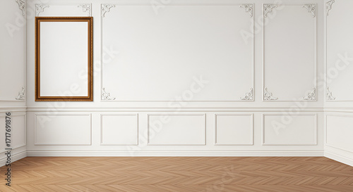 Classic white wall with wooden frames. Vector realistic illustration elegant room design with natural oak wood floor, vintage interior panels with molding decoration and baseboard, seamless background