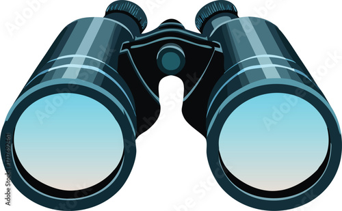 A close-up illustration of a pair of black binoculars with large, reflective lenses.