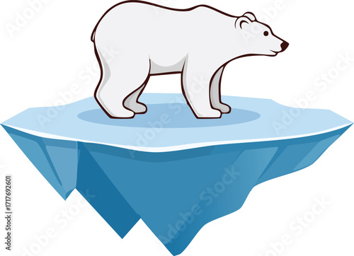 A cartoon polar bear stands on a melting iceberg, symbolizing climate change and environmental issues.