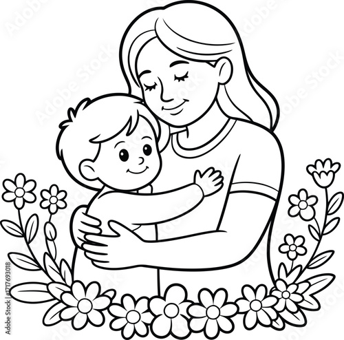 A loving mother embraces her young son surrounded by a beautiful border of delicate flowers and foliage