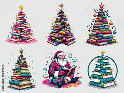 Vector art of festive book christmas trees and santa claus