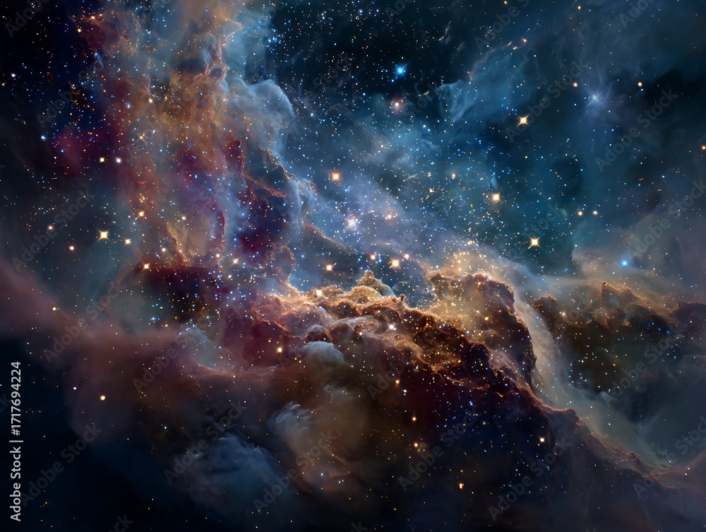 Obraz premium A breathtaking view of a vast cosmic nebula, showcasing intricate patterns of swirling clouds of colorful gases and dust, dotted with countless stars.