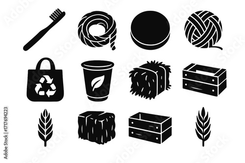 Icons coaster materials crate straw organic vector rope renewable biodegradable icon ball