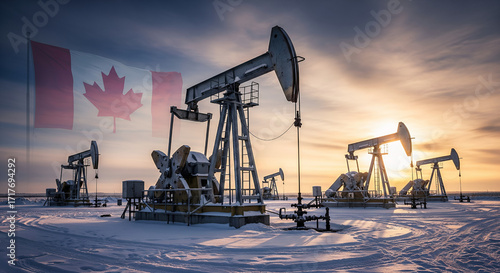 Canadian oil field with pumpjacks under a dramatic sunset sky and the Canadian flag.