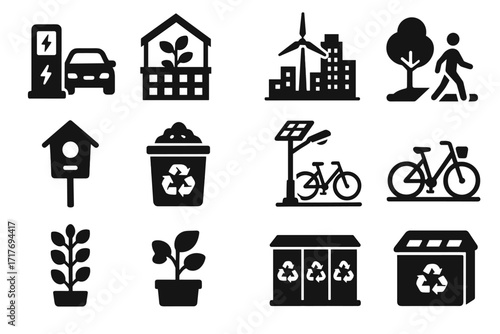 Vertical urban ecology bin recycling vector charging icon planter electric stand greenhouse