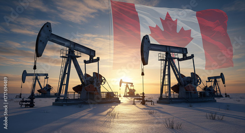 Oil pump jacks silhouetted against a sunset with the Canadian flag waving in the background.