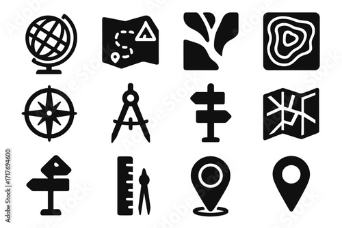 Icon ruler contour folded map divider elevation cartography set vector location globe