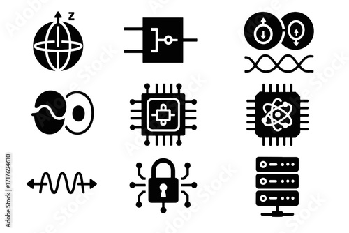 Icon lock gate link chip entanglement qubit vector computing quantum icons circuit