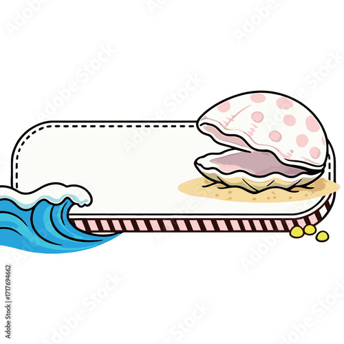 An illustration of a big clam shell on the sand and a blue wave, with an empty frame for text.