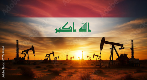Oil pumps operating under the Iraqi flag at sunset, symbolizing the nation's oil industry.