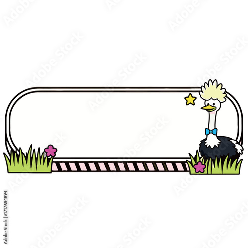 An illustration of a cute ostrich with a blue bow tie and wild hair next to a blank banner with green grass.