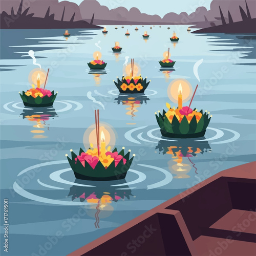 Floating Krathongs illuminate a river at twilight.