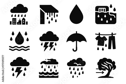 Sky outline winds flow storm icon collection streets vector soaked clothes monsoon