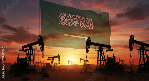 Saudi Arabian flag waving over oil pumps at sunset, symbolizing the country's oil industry and economic power.