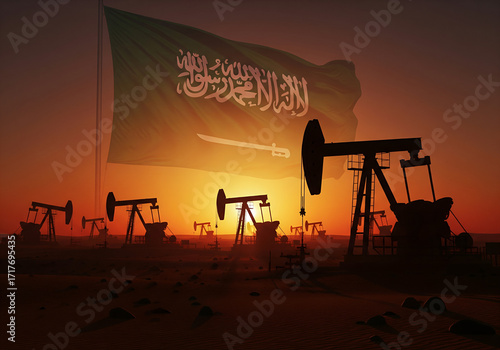 Saudi Arabian flag waving over an oil field at sunset with pumpjacks in silhouette.