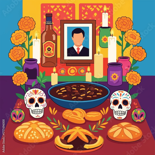 A vibrant Day of the Dead altar adorned with marigolds, candles, sugar skulls, bread, and a portrait.
