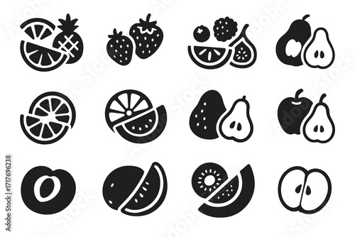 Vector grid fruit forest segments icon assortment combo exotic hard cut