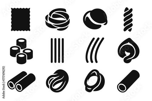 Vector pasta pappardelle capellini icon lasagna collection cannelloni icons bucatini tortellini ditalini