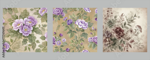 Vector art of floral triptych with purple and brown hues