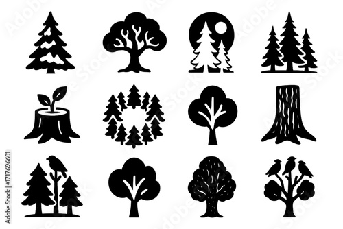 Pine vector conifer trees forming set tree curled sprout textured forest icon